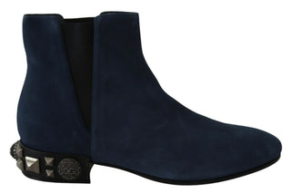 Chic Blue Suede Mid-calf Boots With Stud Details - Luxury for You