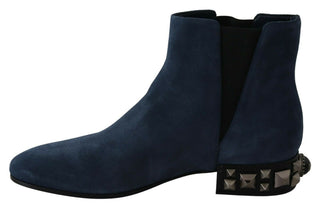 Chic Blue Suede Mid-calf Boots With Stud Details - Luxury for You