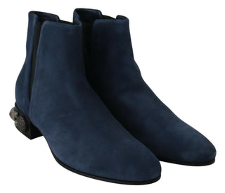 Chic Blue Suede Mid-calf Boots With Stud Details - Luxury for You