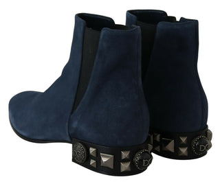 Chic Blue Suede Mid-calf Boots With Stud Details - Luxury for You