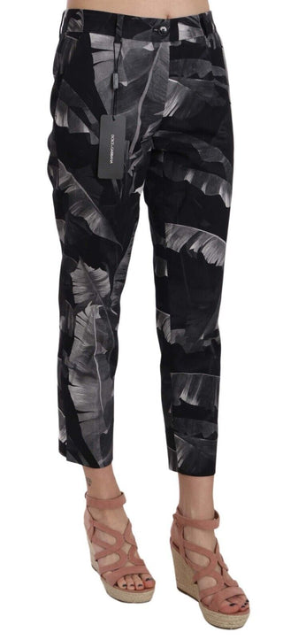 Elegant Black Banana Leaf Print Capri Pants - Luxury for You