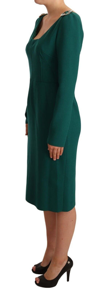 Emerald Green Midi Sheath Dress With Crystal Brooch - Luxury for You