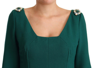 Emerald Green Midi Sheath Dress With Crystal Brooch - Luxury for You