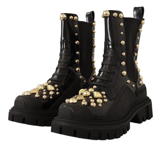 Studded Leather Combat Boots With Embroidery