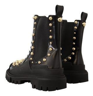 Studded Leather Combat Boots With Embroidery