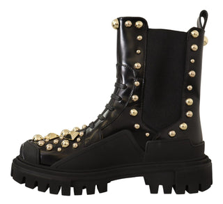 Studded Leather Combat Boots With Embroidery