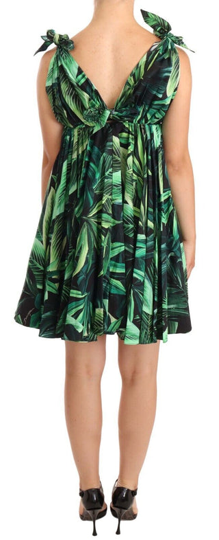 Elegant Flared Mini A-line Dress In Green Leaf Print