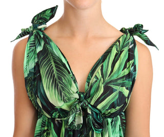 Elegant Flared Mini A-line Dress In Green Leaf Print