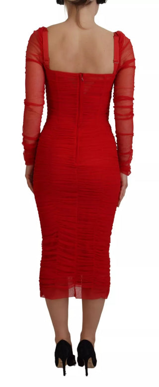 Red Mesh Trim Bodycon Sheath Midi Dress