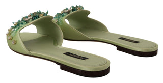 Elegant Crystal-embellished Green Leather Slides