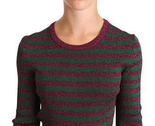 Elegant Maroon And Green Striped Crewneck Sweater