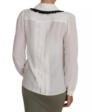 White Silk Shirt Ruffle Rouded Collar Blouse