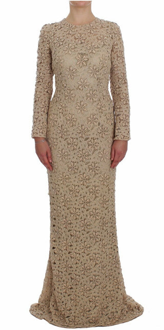 Beige Floral Lace Long Sleeve Maxi Dress - Luxury for You