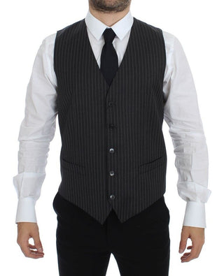 Elegant Gray Striped Wool Dress Vest - Luxury for You