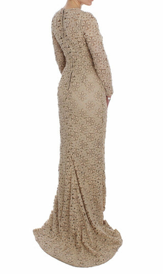 Beige Floral Lace Long Sleeve Maxi Dress - Luxury for You