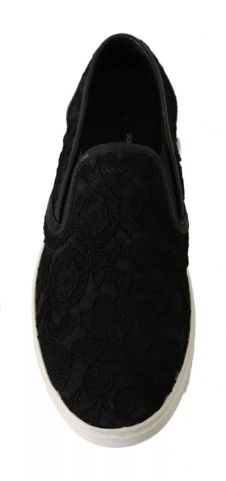 Black Lace Leather Logo Flat Slip-on Sneakers