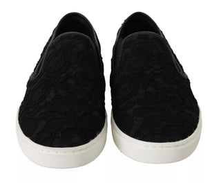 Black Lace Leather Logo Flat Slip-on Sneakers