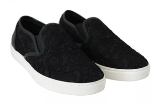 Black Lace Leather Logo Flat Slip-on Sneakers