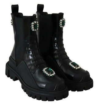 Elegant Black Leather Combat Boots With Crystal Detail - Luxury for You