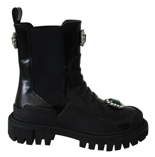 Elegant Black Leather Combat Boots With Crystal Detail - Luxury for You