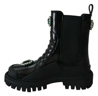 Elegant Black Leather Combat Boots With Crystal Detail - Luxury for You