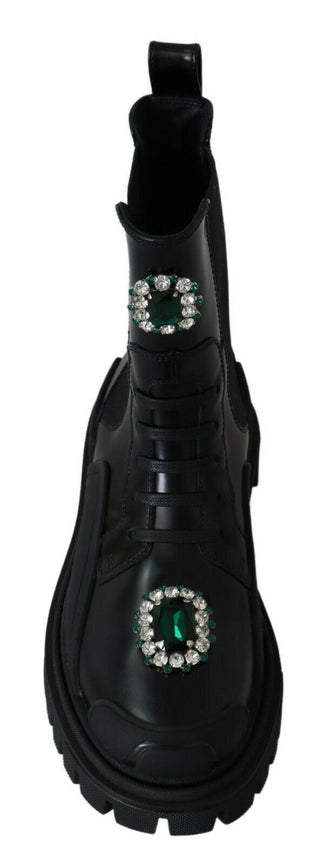 Elegant Black Leather Combat Boots With Crystal Detail - Luxury for You