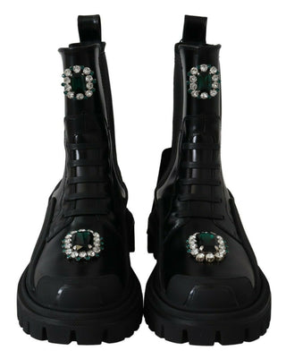 Elegant Black Leather Combat Boots With Crystal Detail - Luxury for You