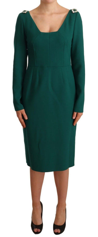 Emerald Green Midi Sheath Dress With Crystal Brooch - Luxury for You