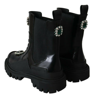 Elegant Black Leather Combat Boots With Crystal Detail - Luxury for You