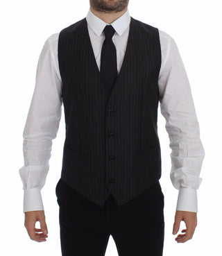 Elegant Gray Striped Wool Dress Vest - Luxury for You