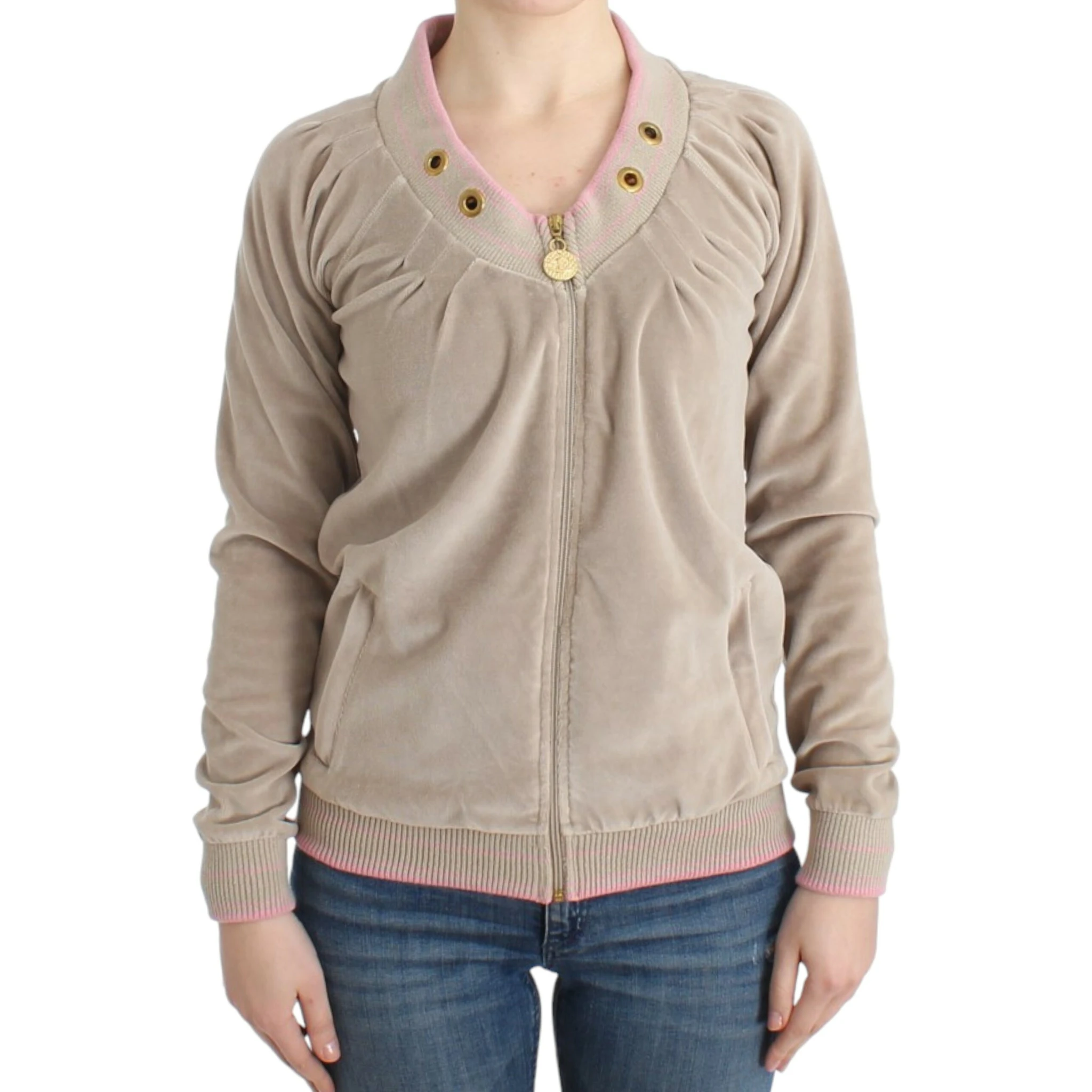 Beige velvet zipup sweater