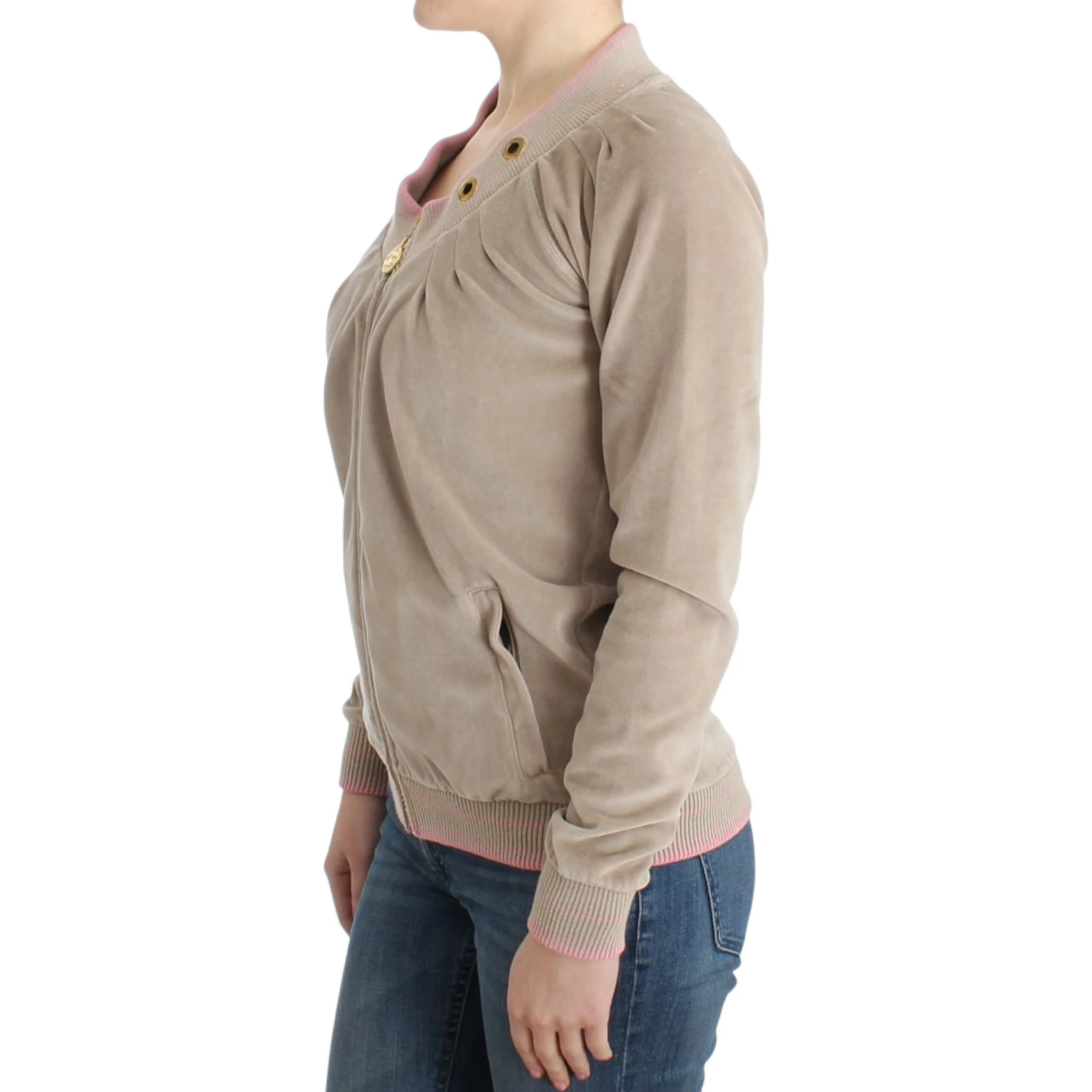 Beige velvet zipup sweater