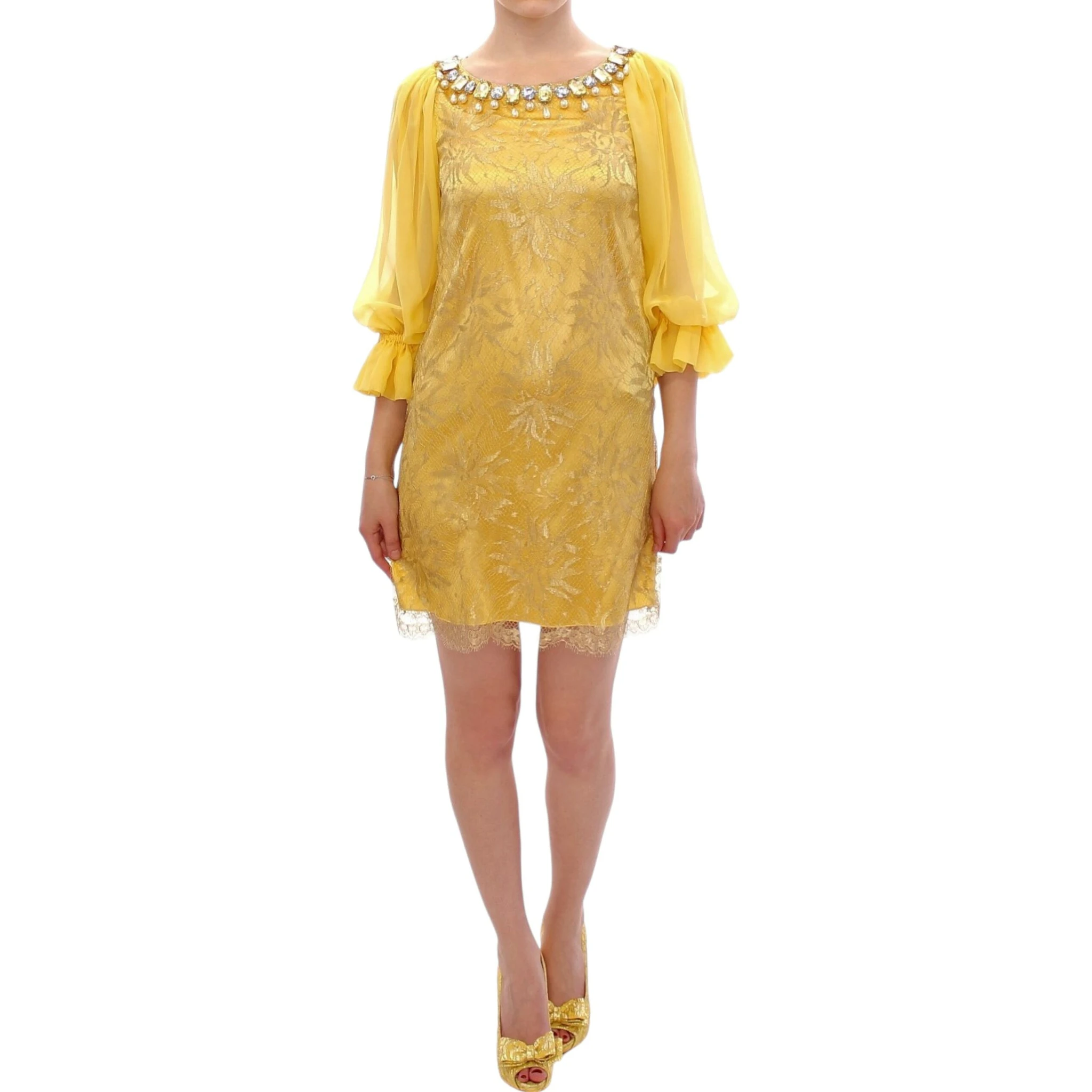 Yellow lace crystal mini dress