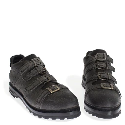 Gray Leather Ankle Strap Shoes Boots