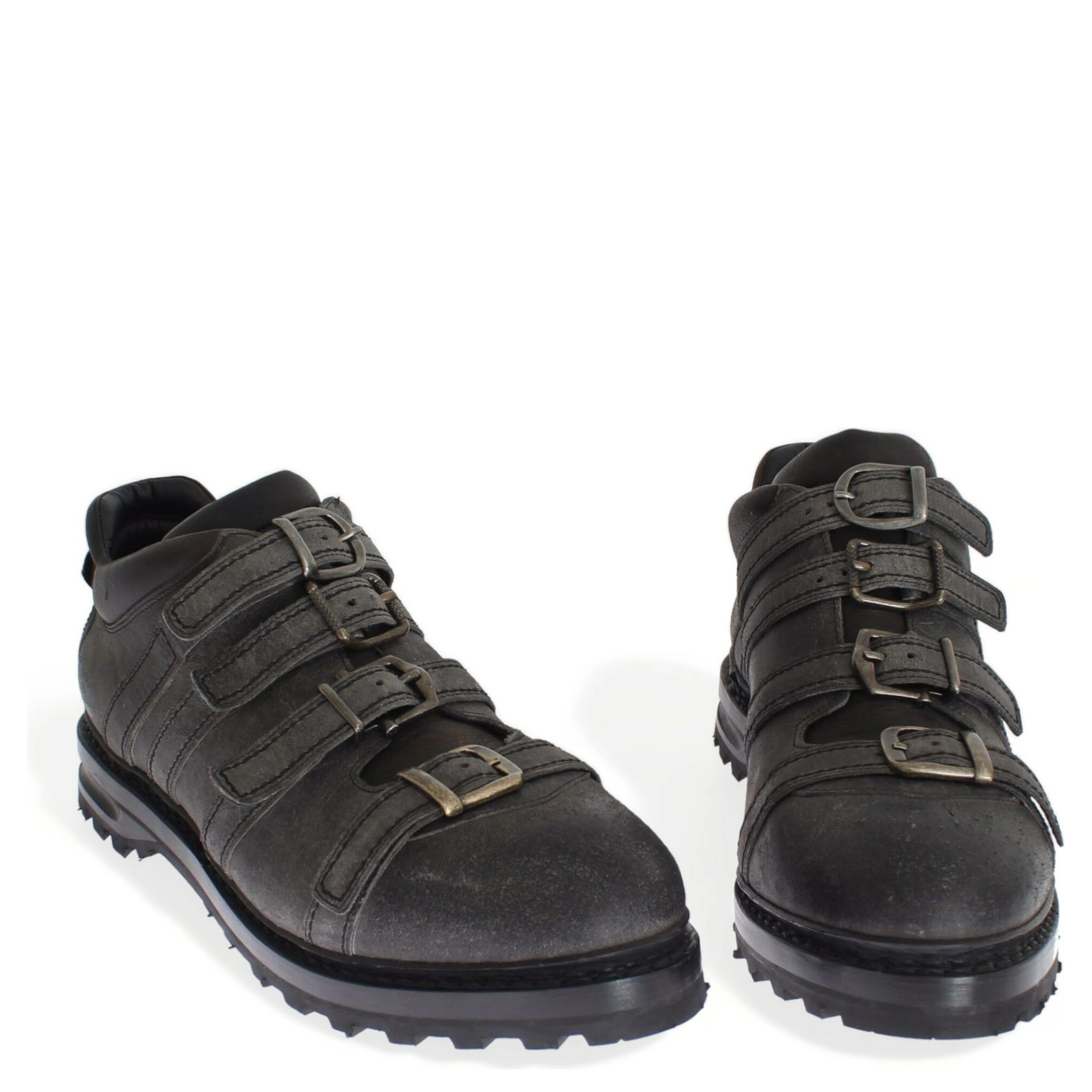 Gray Leather Ankle Strap Shoes Boots