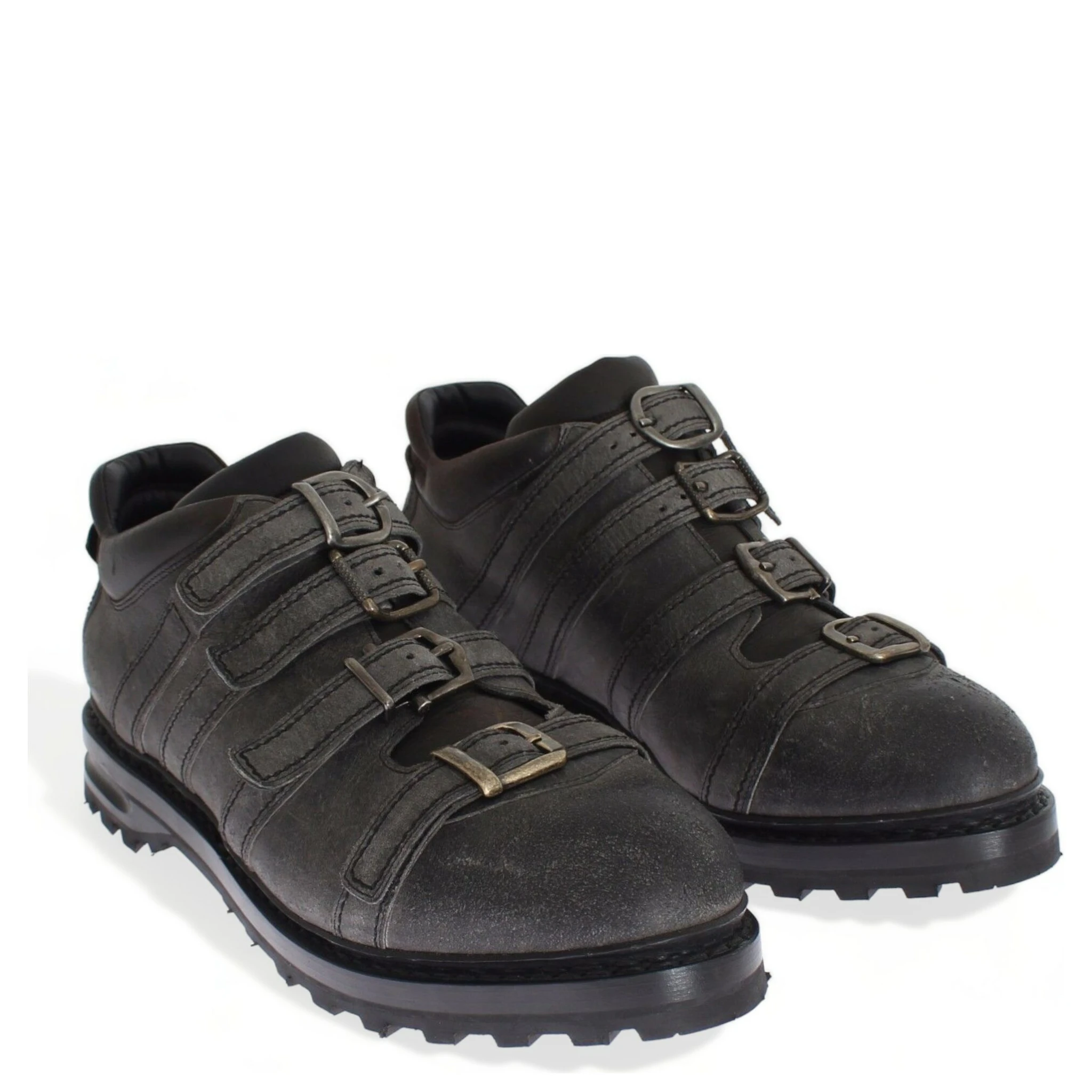 Gray Leather Ankle Strap Shoes Boots