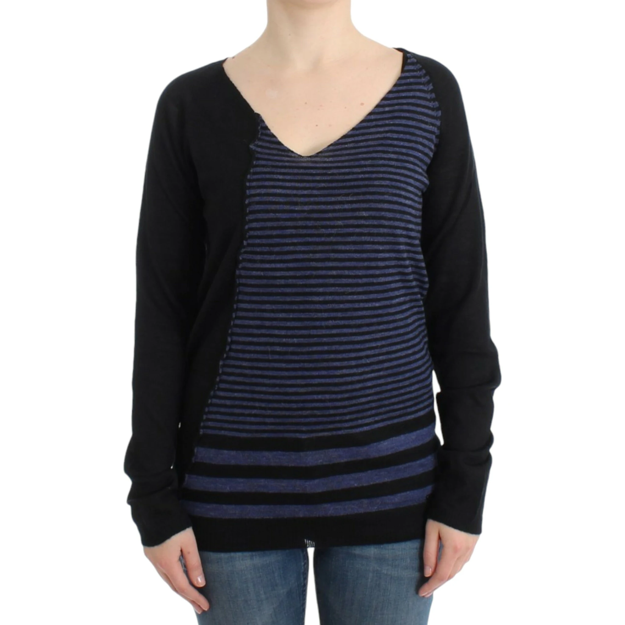 Striped V-neck Women's Sweater In Black