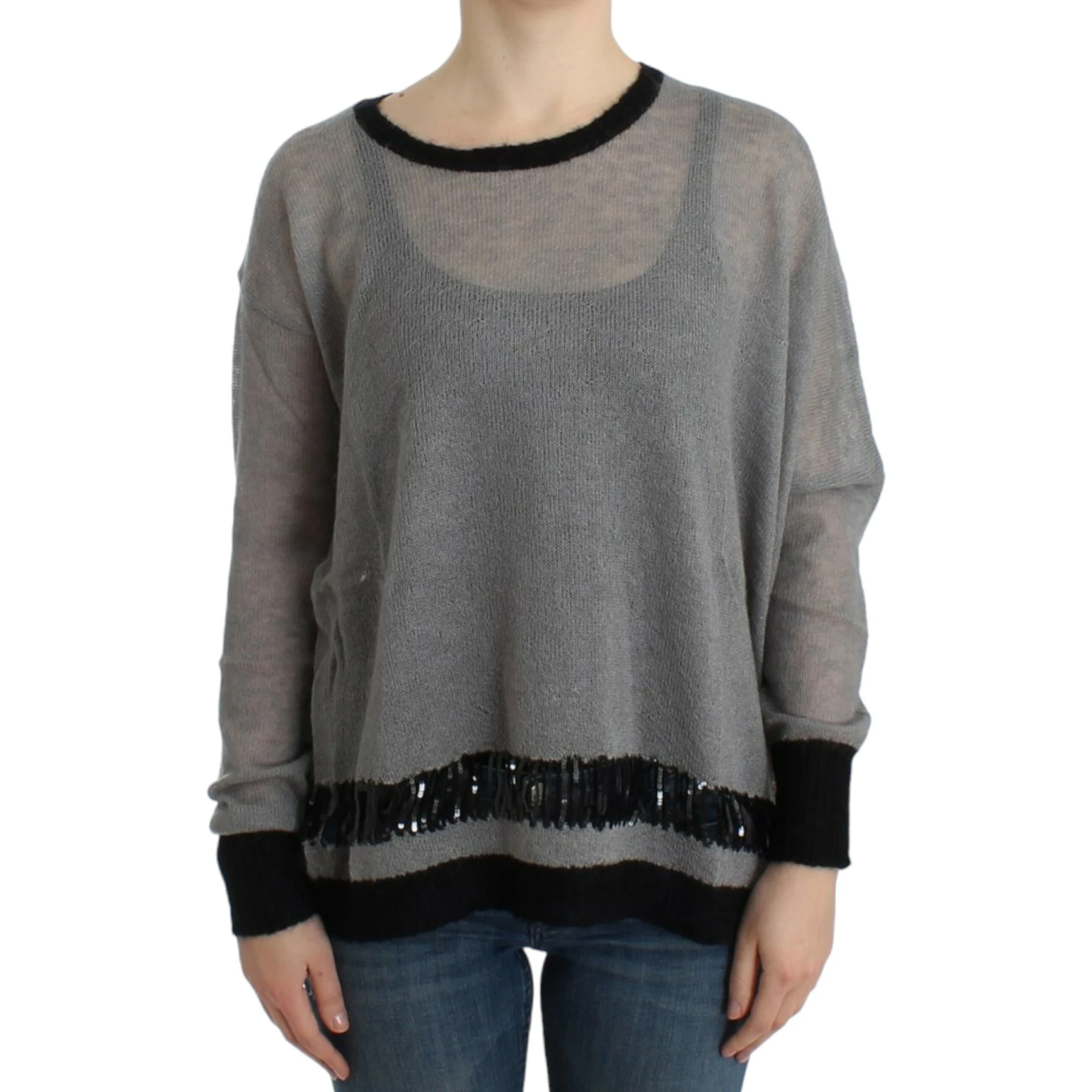 Chic Asymmetric Embellished Knit Sweater In Gray