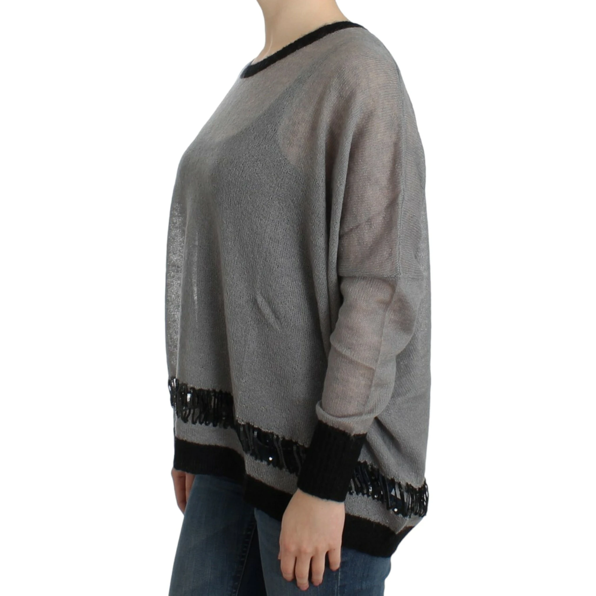 Chic Asymmetric Embellished Knit Sweater In Gray