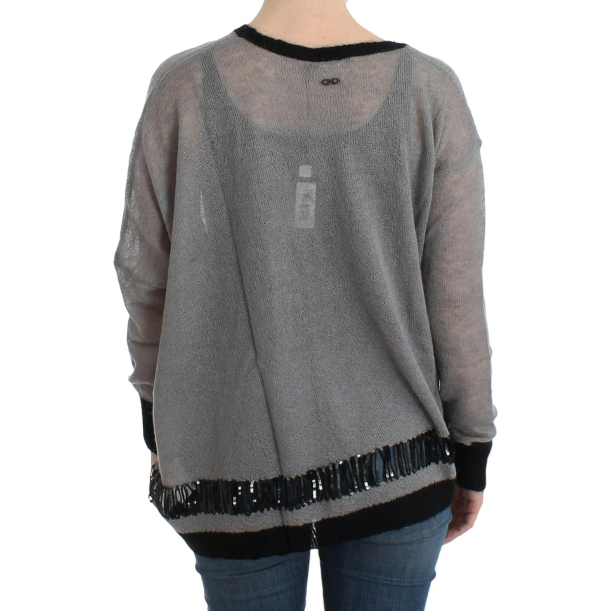 Chic Asymmetric Embellished Knit Sweater In Gray