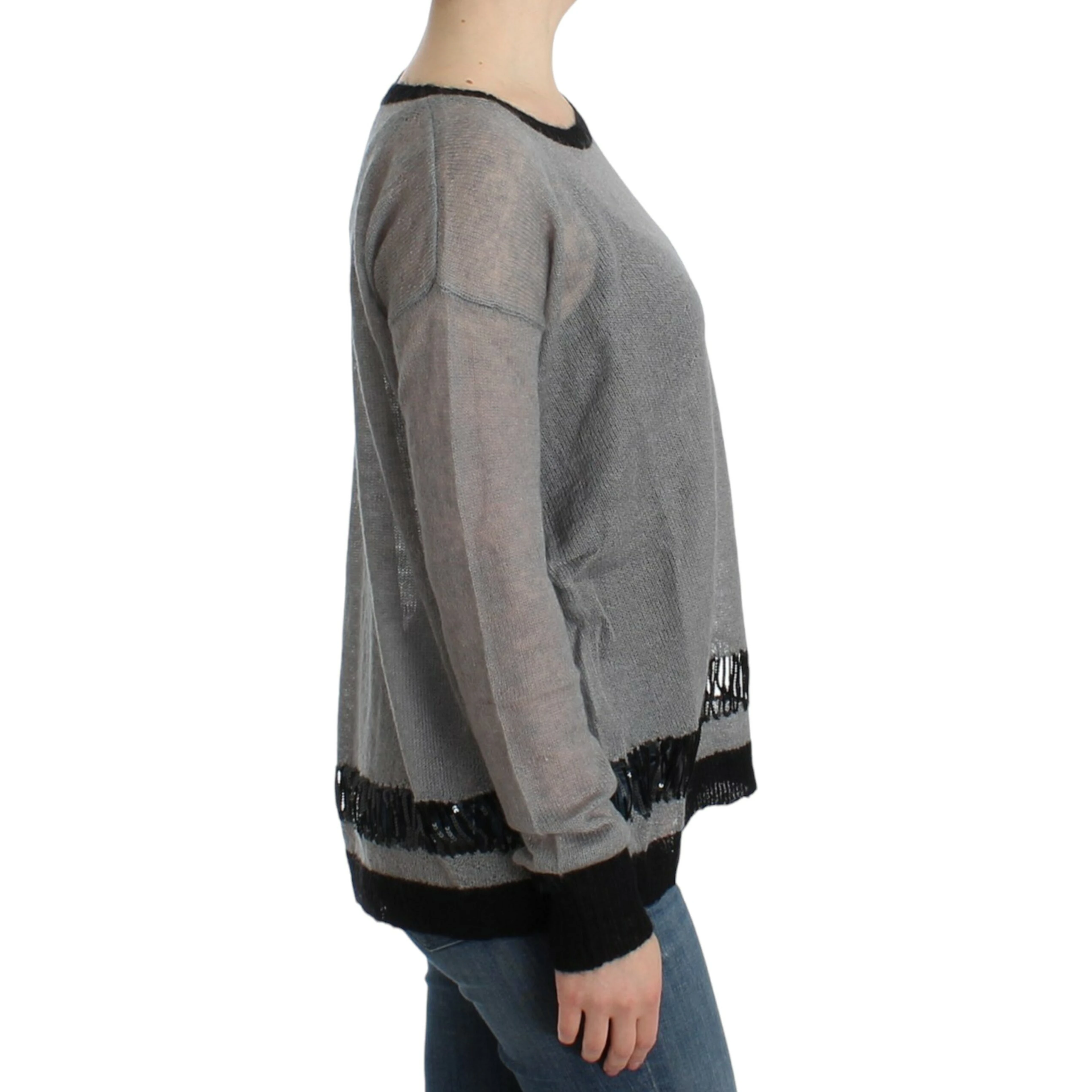 Chic Asymmetric Embellished Knit Sweater In Gray