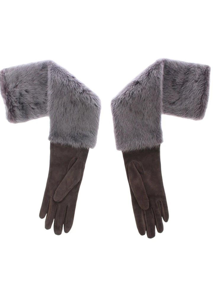 Gray Mink Fur Lambskin Suede Leather Gloves