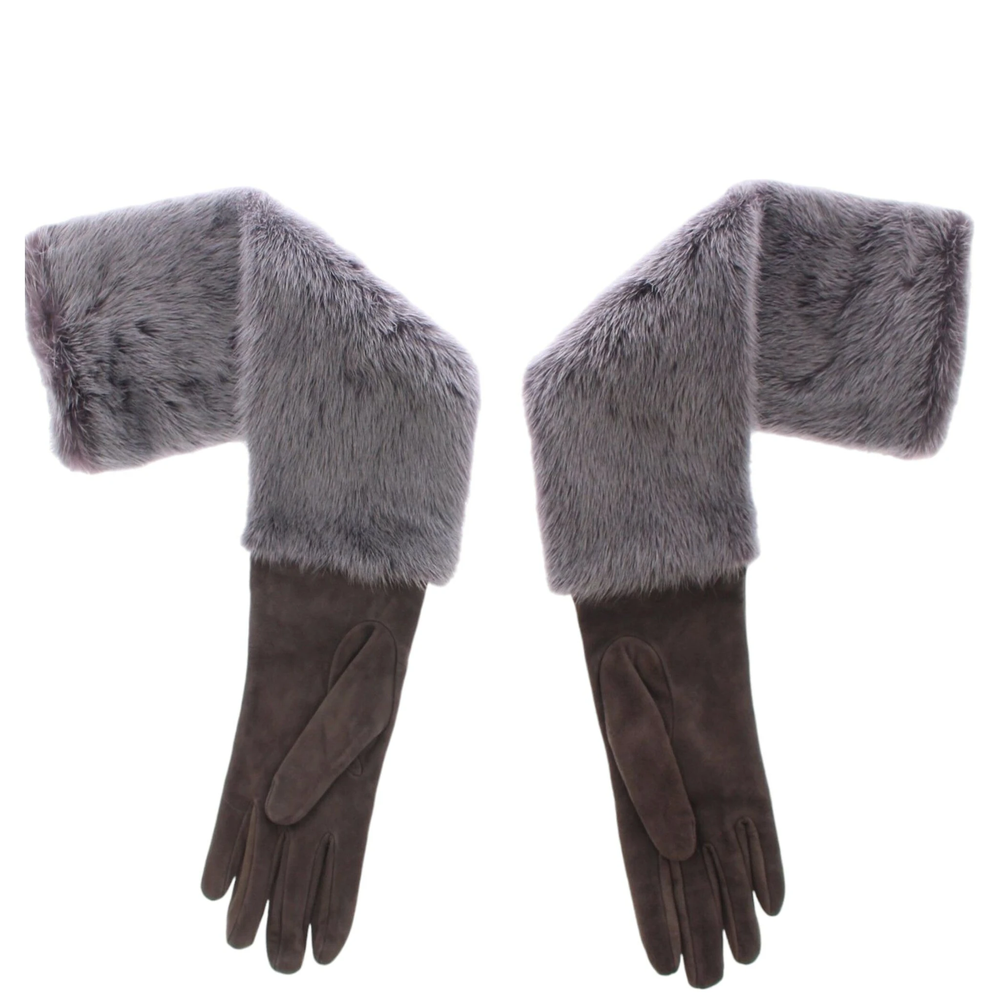 Gray Mink Fur Lambskin Suede Leather Gloves
