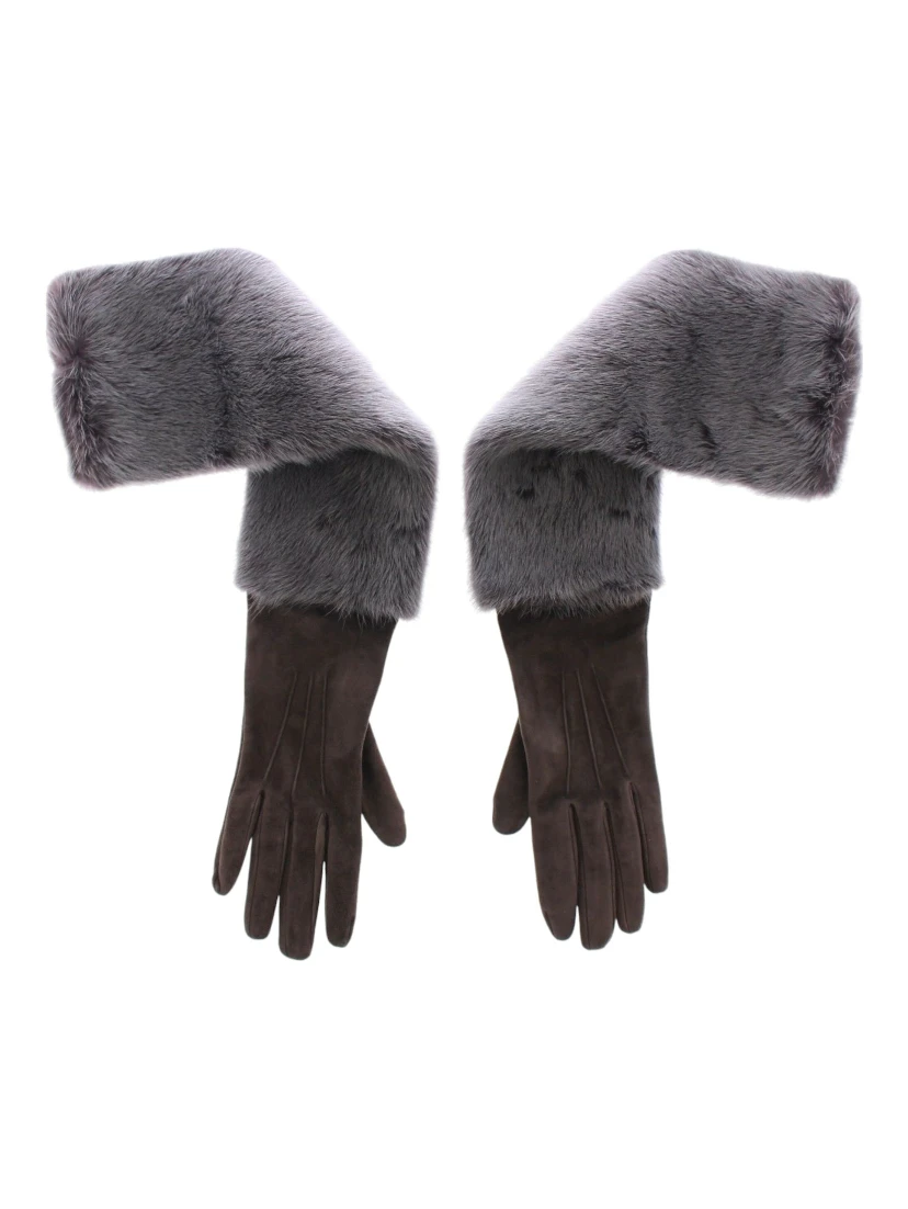 Gray Mink Fur Lambskin Suede Leather Gloves