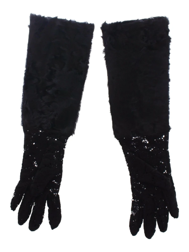 Black Lace Wool Lambskin Fur Elbow Gloves