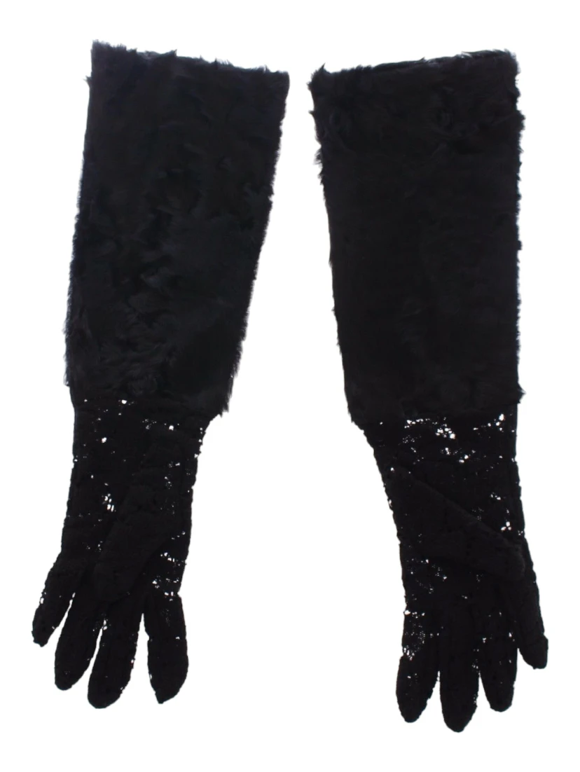 Black Lace Wool Lambskin Fur Elbow Gloves