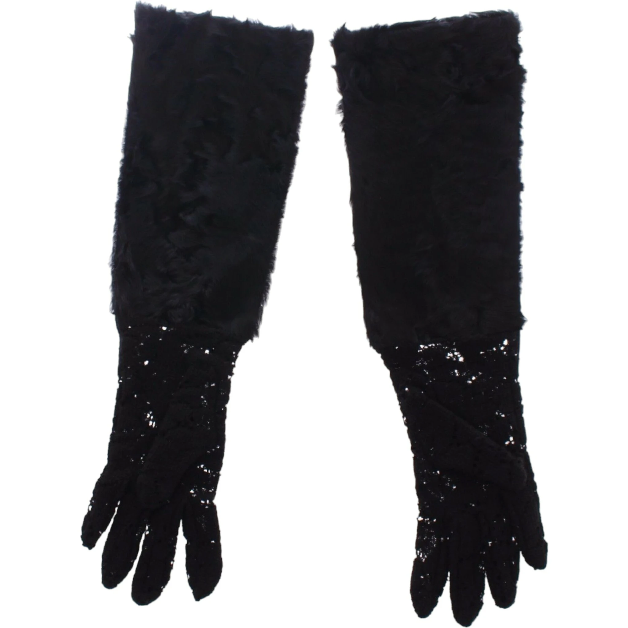 Black Lace Wool Lambskin Fur Elbow Gloves
