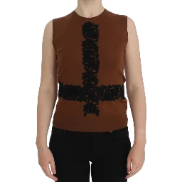 Brown Wool Black Lace Vest Sweater Top
