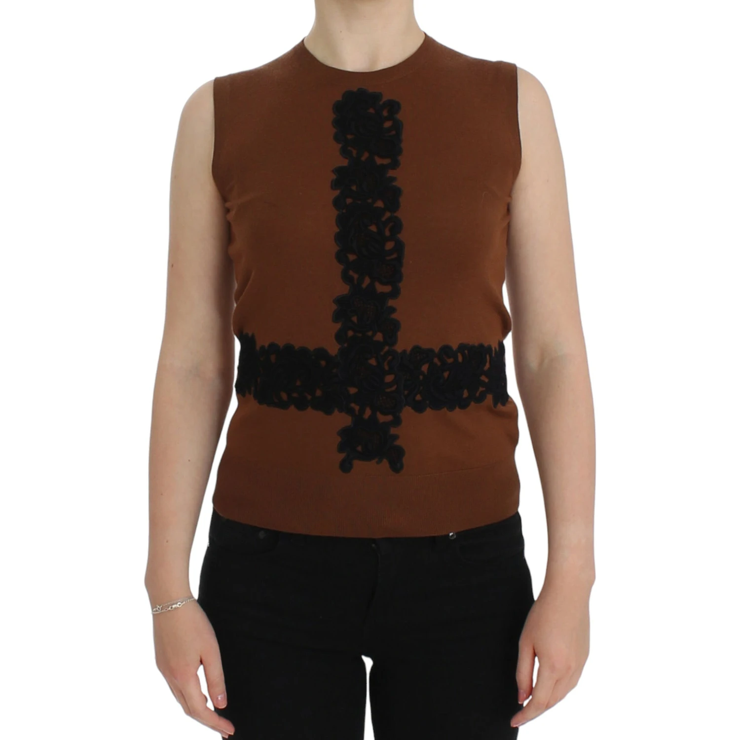 Brown wool and black lace sleeveless vest/sweater top