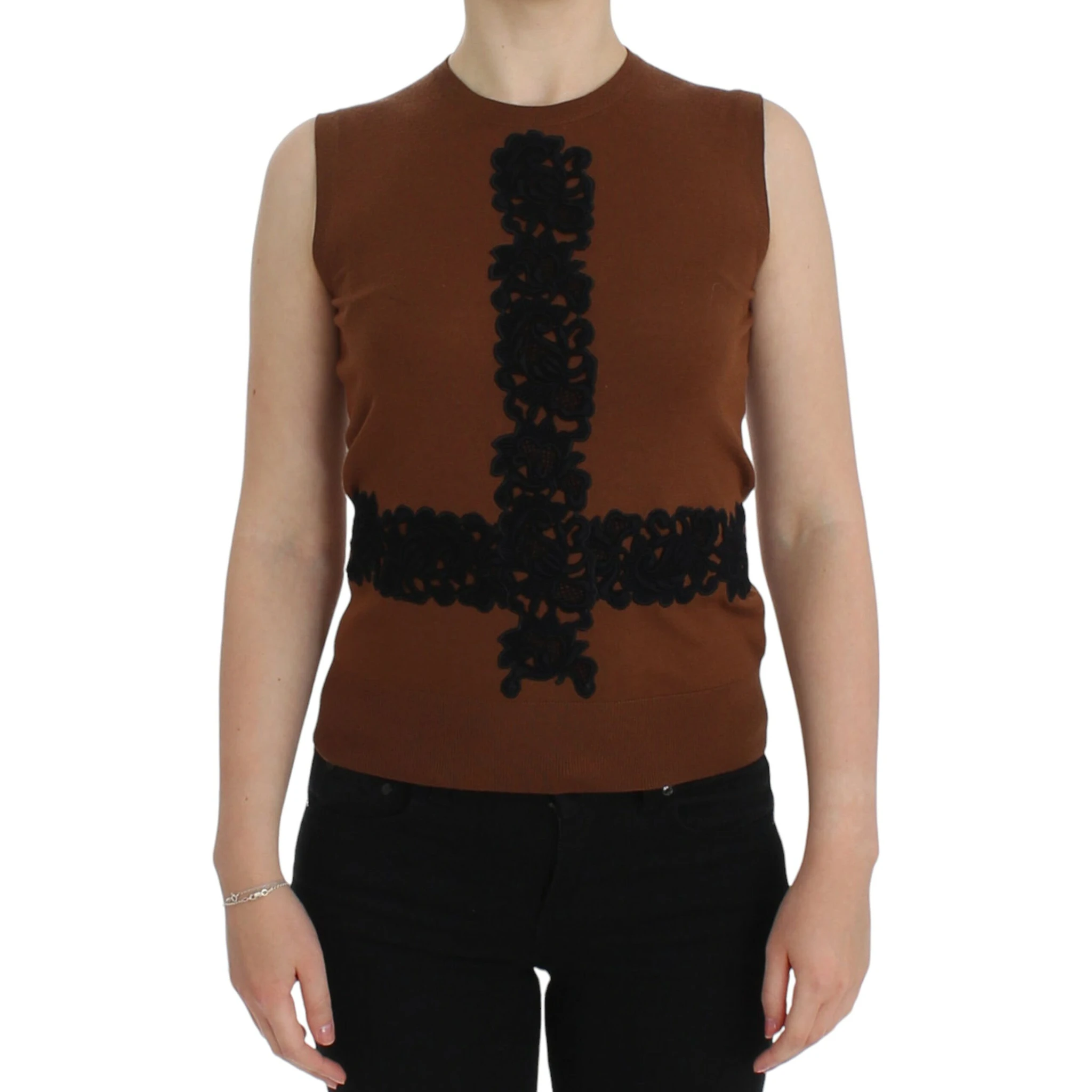 Brown Wool Black Lace Vest Sweater Top